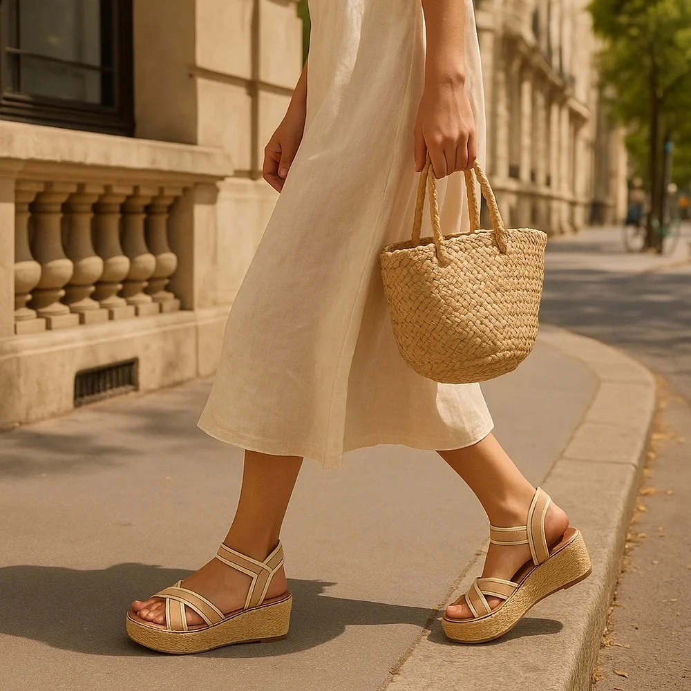 Tory Burch Frieda Espadrille Wedge Sandals Blush Stripe Tan Size 8M
